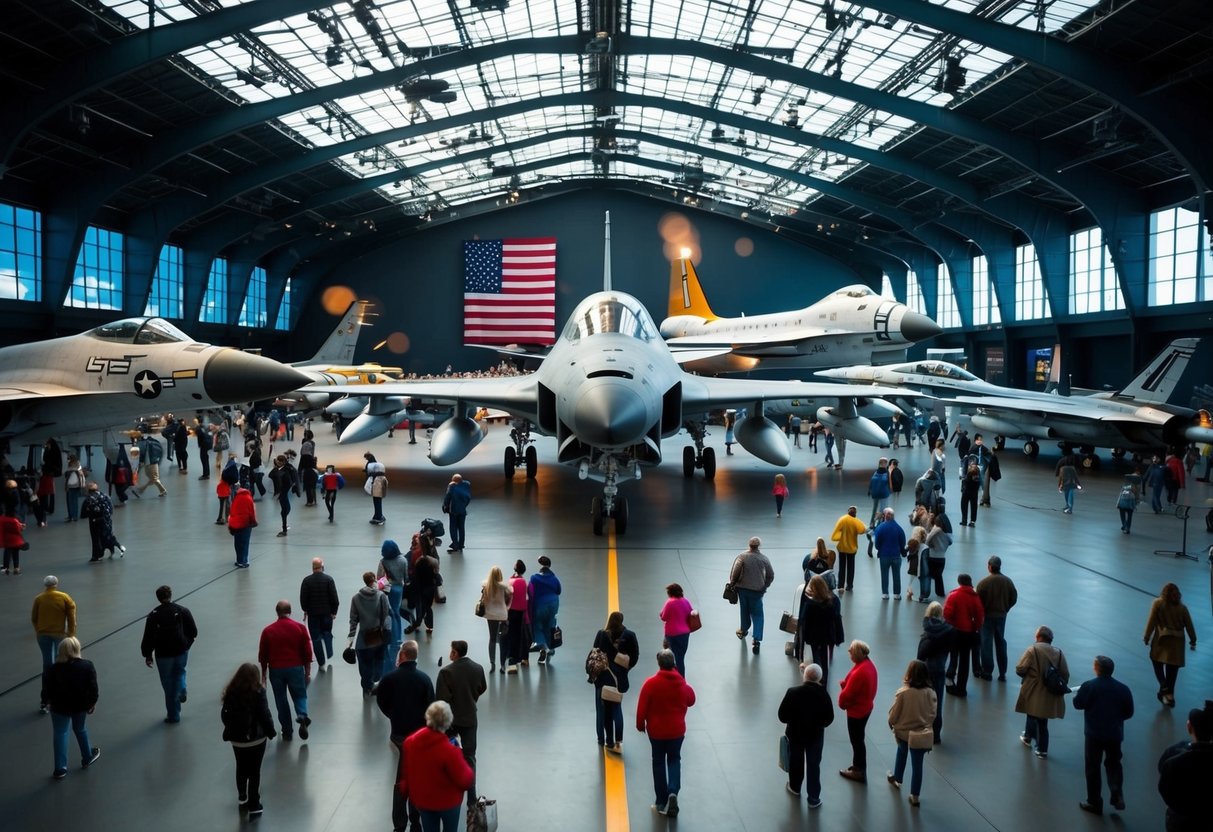 The museum's aircraft carrier deck bustles with visitors, while fighter jets and helicopters loom overhead. The space shuttle Enterprise gleams in the pavilion