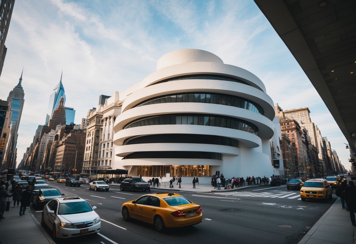 The iconic Guggenheim Museum rises above the bustling streets of New York City, its unique spiral architecture drawing in visitors from around the world