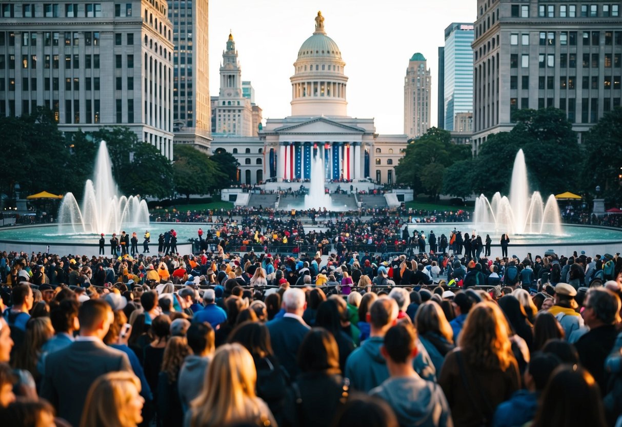 A bustling crowd fills the grand plaza of Lincoln Center, with the iconic buildings and fountains serving as a backdrop to a lively performance