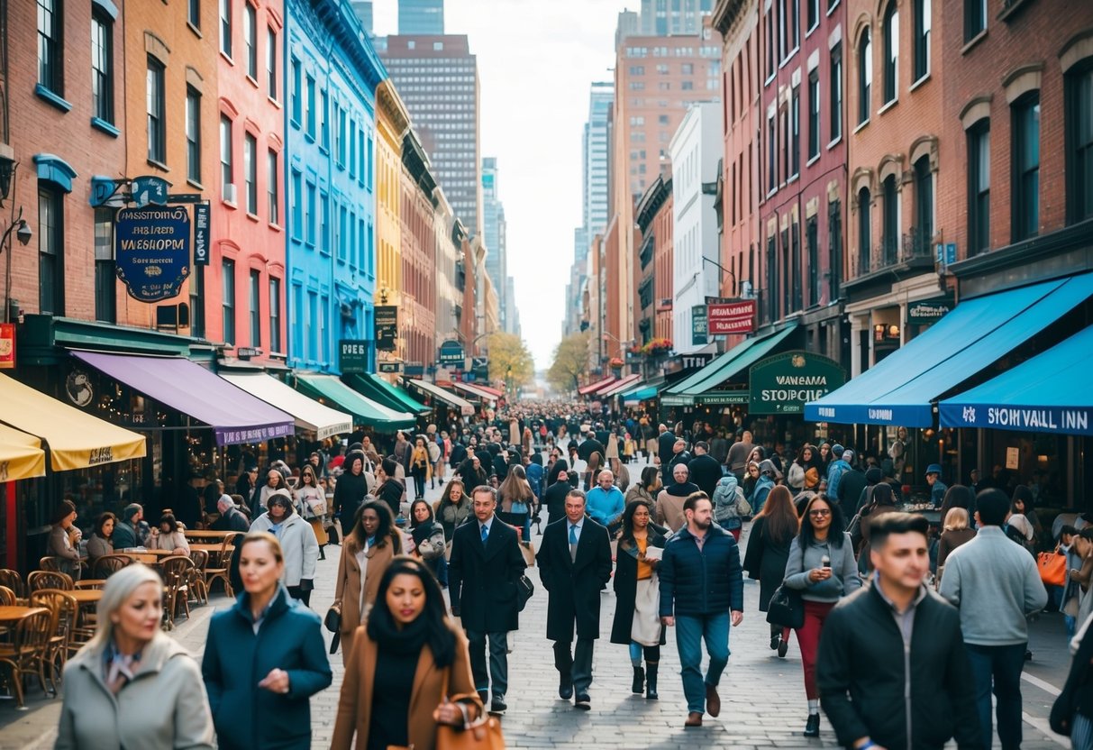 Busy streets lined with colorful buildings, bustling cafes, and unique shops. People strolling, enjoying the vibrant atmosphere. Iconic landmarks like Washington Square Park and Stonewall Inn