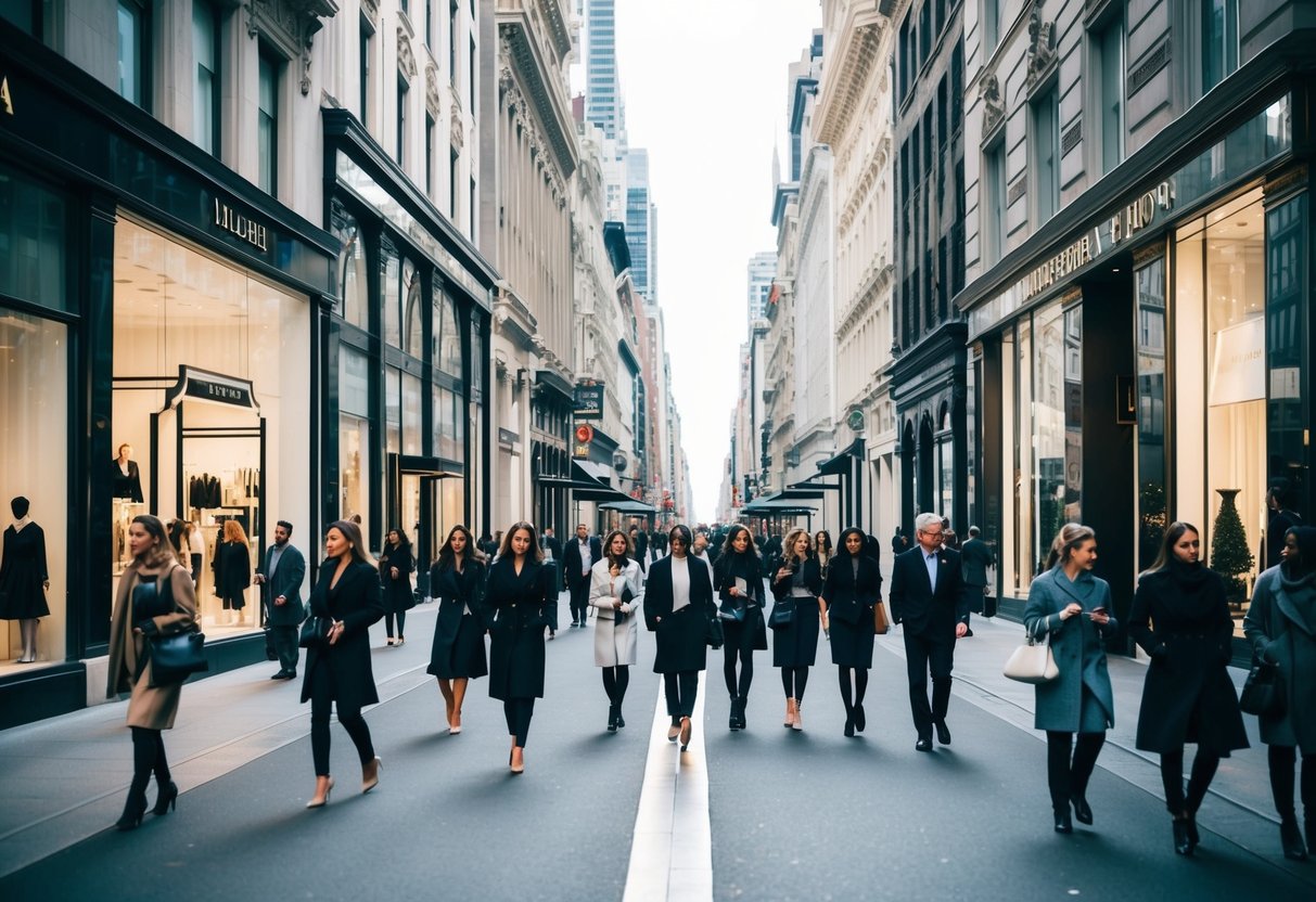 A bustling street lined with luxury shops and designer boutiques, with elegant storefronts and stylish window displays. Pedestrians stroll along the wide sidewalks, taking in the glamorous atmosphere of Fifth Avenue