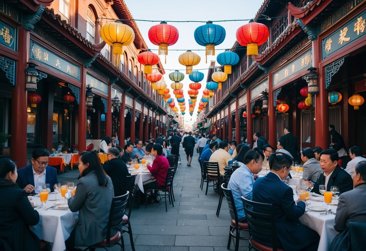 People dining at outdoor tables in Chinatown, colorful lanterns hanging overhead, bustling street with traditional architecture