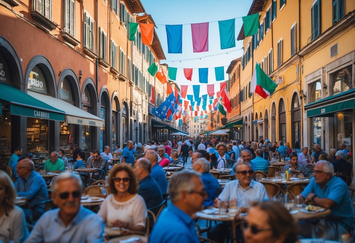 Busy streets filled with colorful storefronts, Italian flags, and bustling cafes. A mix of old-world charm and modern energy. A lively and vibrant atmosphere