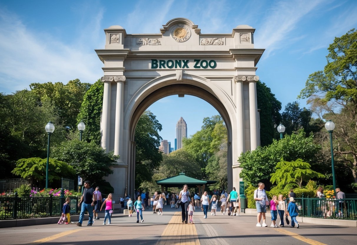 The Bronx Zoo entrance, with a grand archway and lush greenery, surrounded by families and visitors enjoying the outdoor exhibits