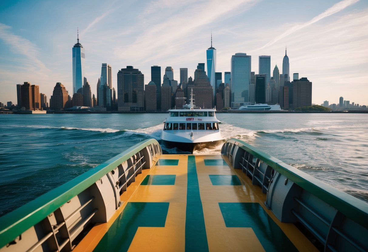 A ferry approaches Staten Island with the NYC skyline in the background