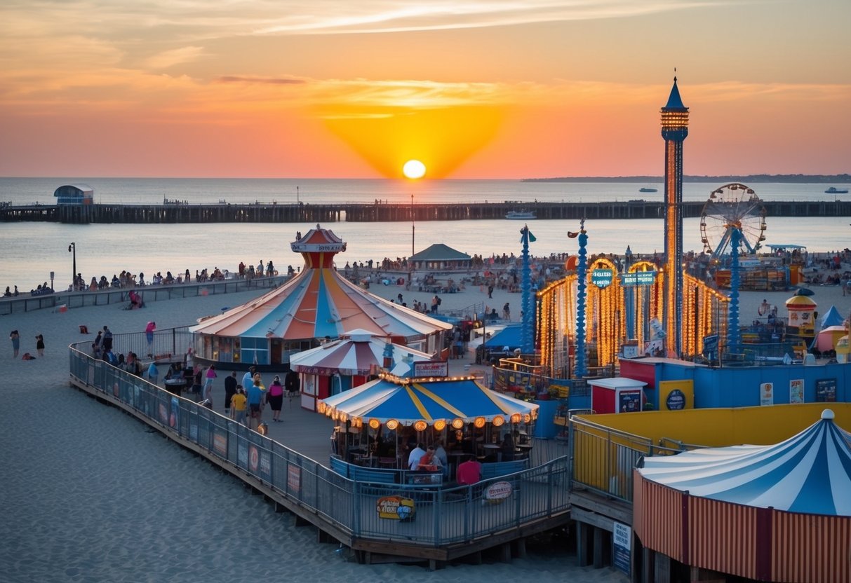 The sun sets over Coney Island, casting a warm glow on the bustling boardwalk, colorful amusement rides, and lively beachgoers