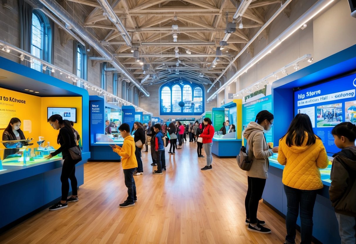 A bustling exhibit hall at the New York Hall of Science, with interactive displays and curious visitors exploring hands-on activities