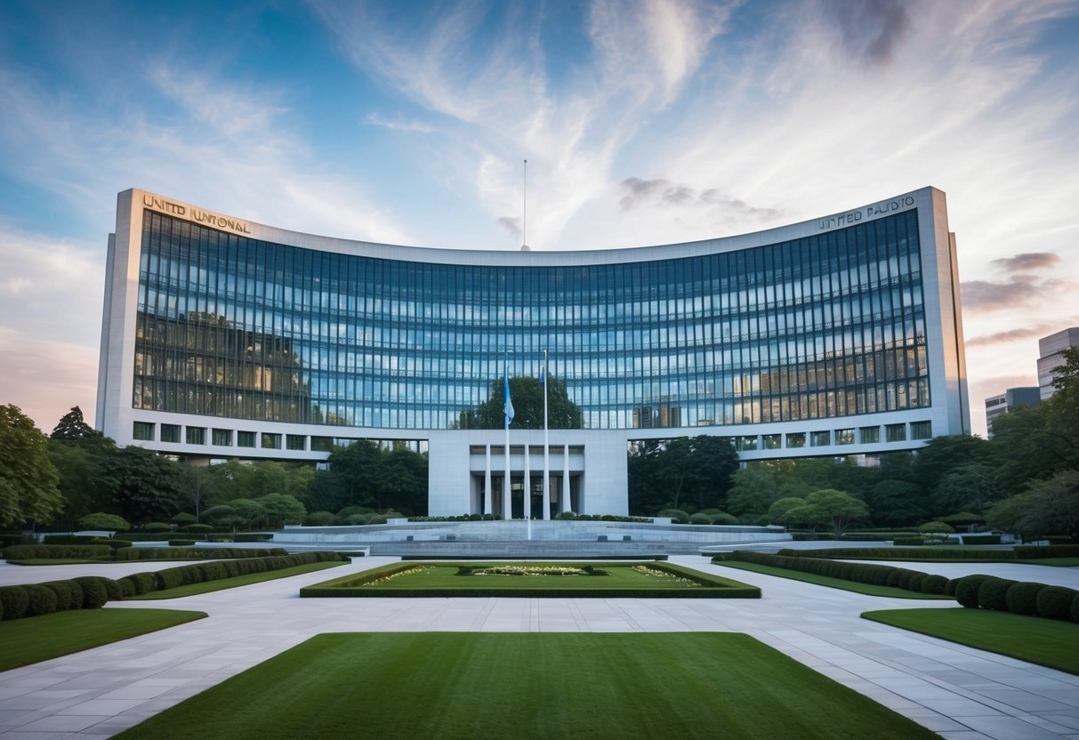 The United Nations Headquarters, a modernist complex with a distinctive glass and steel facade, surrounded by lush gardens and a large plaza