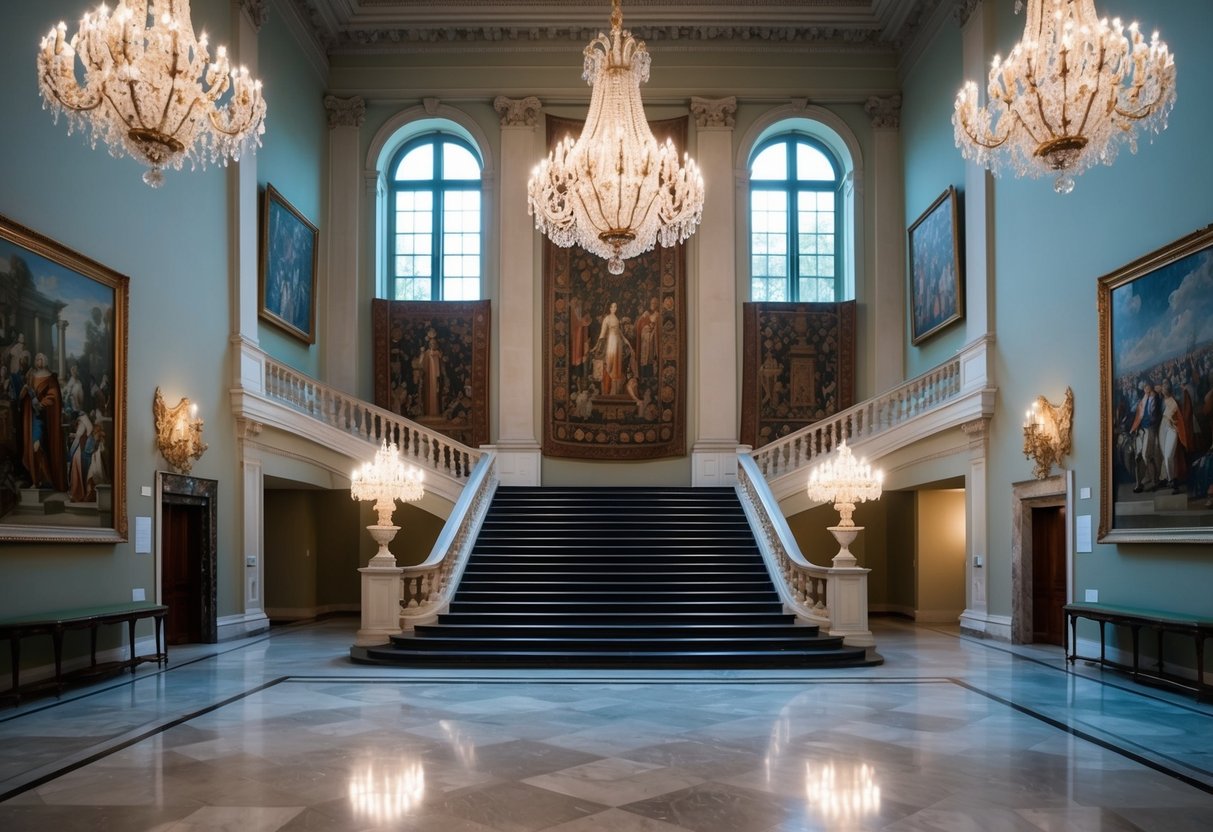 The Frick Collection: grand staircase, ornate chandeliers, marble floors, intricate tapestries, and classical paintings adorning the walls