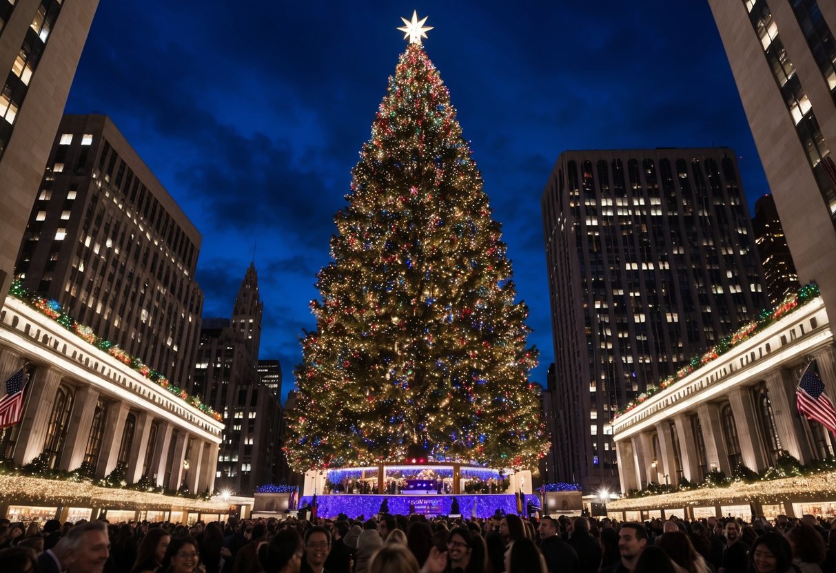 The Rockefeller Center Christmas Tree stands tall and adorned with colorful lights, surrounded by excited onlookers in the bustling city of New York