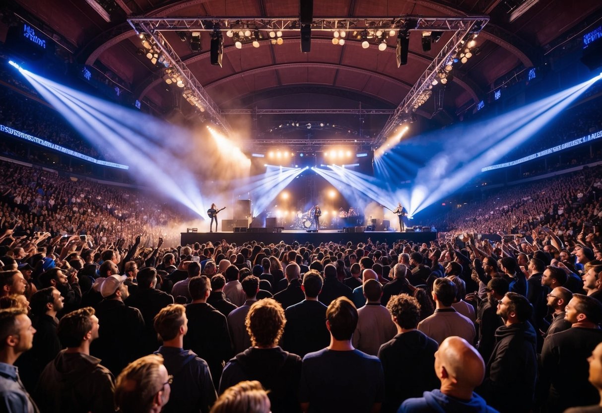 Crowds fill Madison Square Garden, lights flashing, as the band plays on stage. The music reverberates through the arena, creating an electric atmosphere