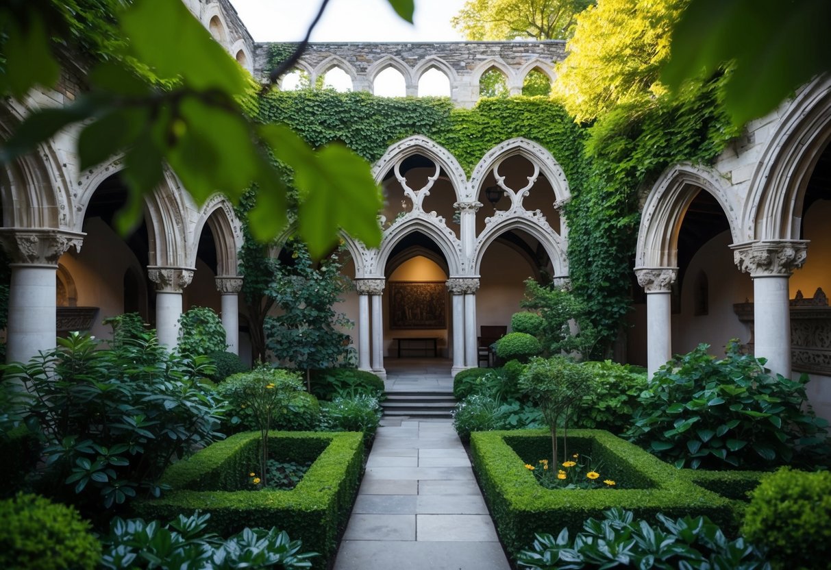 A serene garden with medieval architecture, surrounded by lush greenery and intricate stone carvings, at the Cloisters Museum in NYC