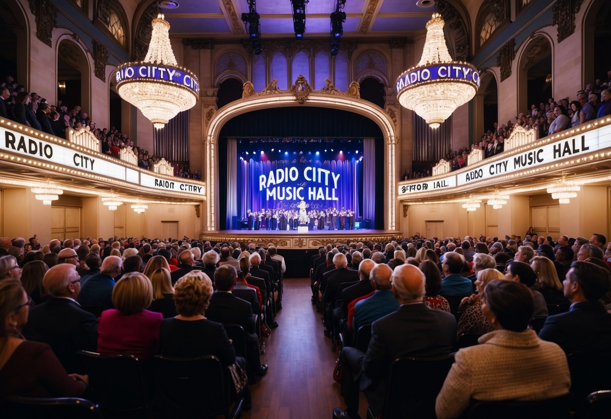 Audience watches a performance at Radio City Music Hall, surrounded by ornate decorations and a grand stage