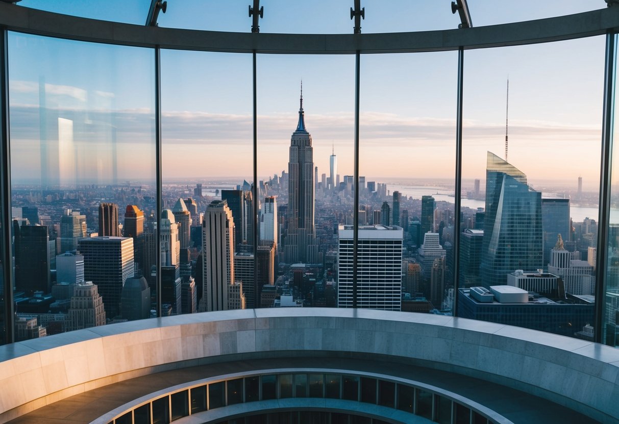 A panoramic view of the One World Observatory, with the skyline of New York City in the background and the observatory's interior architecture in the foreground