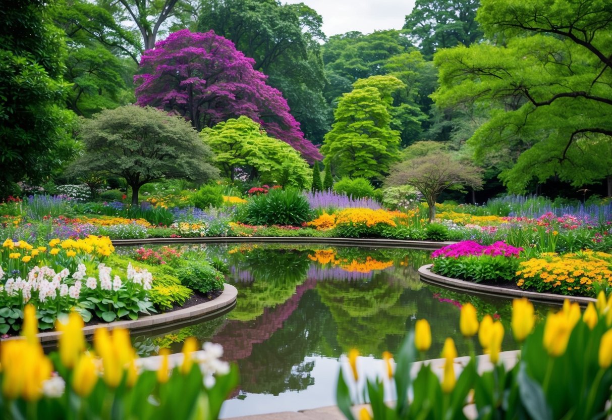 Lush greenery and vibrant flowers fill the New York Botanical Garden. A peaceful pond reflects the colorful blooms and towering trees