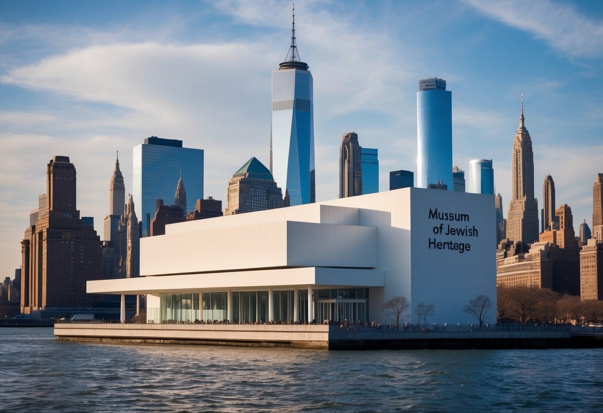 A wide-angle view of the Museum of Jewish Heritage with the Manhattan skyline in the background, showcasing the modern architecture and unique design of the building