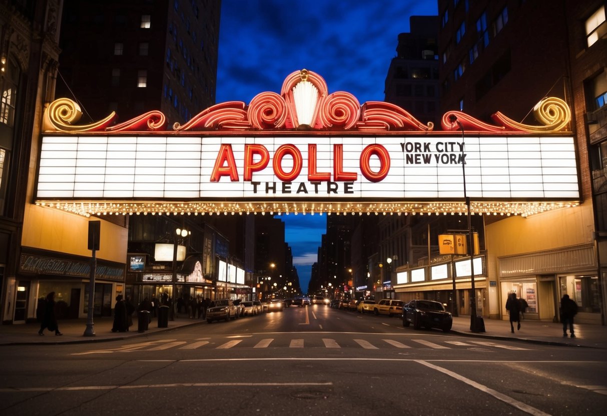 The iconic Apollo Theater marquee shines brightly against the night sky, casting a warm glow over the bustling streets of New York City