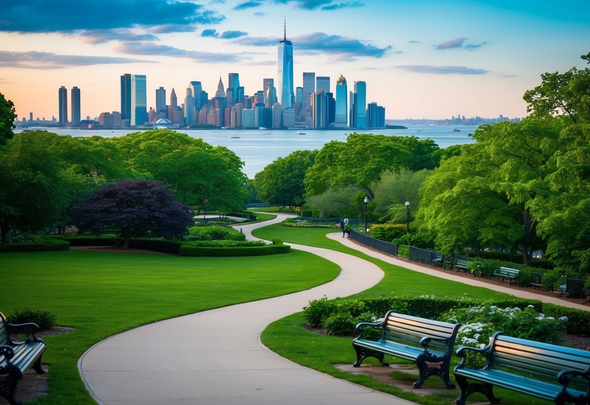 A serene park with lush greenery, winding pathways, and a view of the New York Harbor