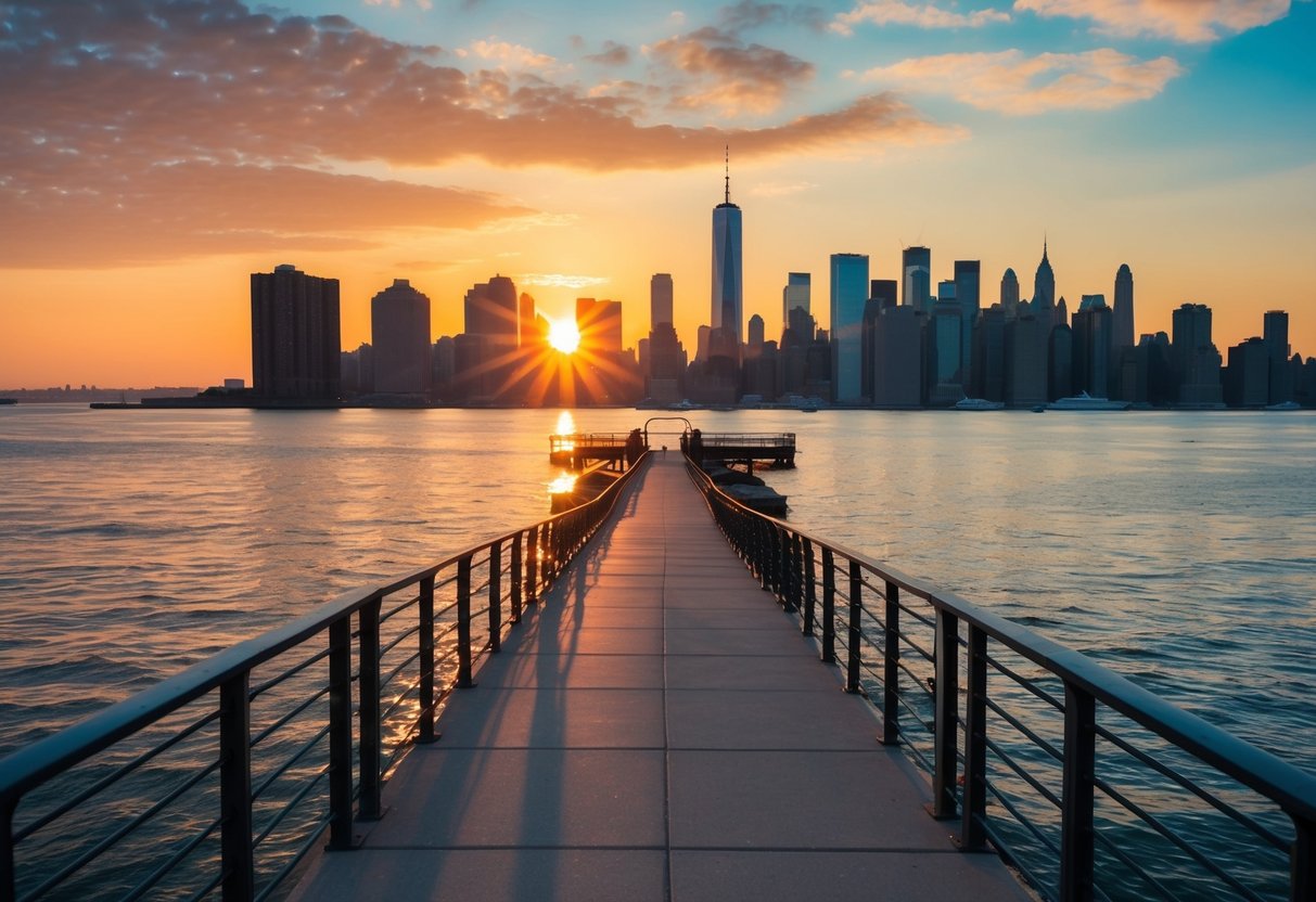 The Brooklyn Heights Promenade at sunset, with the iconic Manhattan skyline in the distance and the warm glow of the sun casting a beautiful array of colors across the sky and water