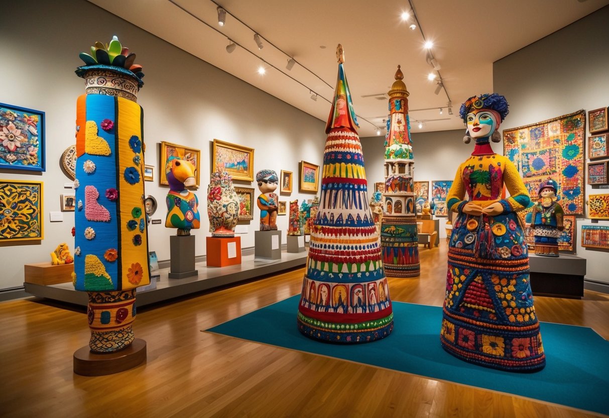 A colorful, eclectic collection of folk art from across America fills the galleries of the museum. Quirky sculptures, vibrant paintings, and intricate textiles create a lively and diverse display