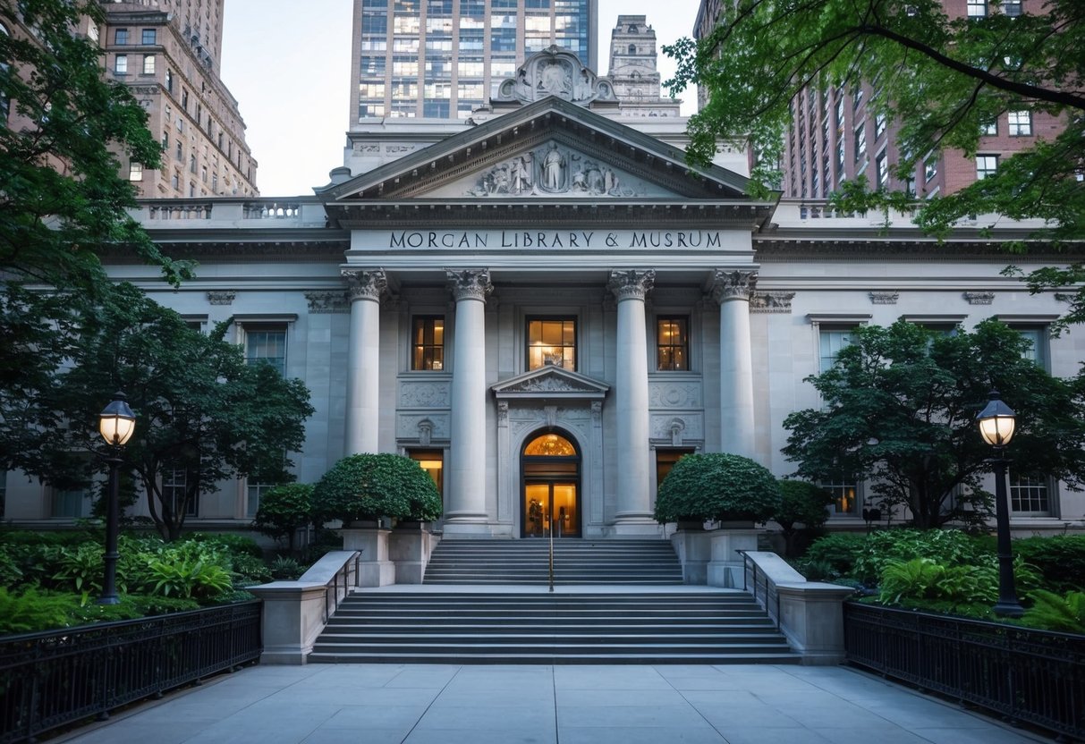 The grand entrance of the Morgan Library & Museum, with its ornate architecture and lush greenery, welcomes visitors to explore its 50 best things to do in NYC