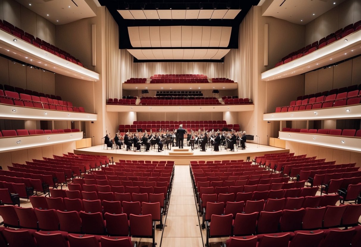 An elegant concert hall with a grand stage, filled with rows of plush red seats facing a conductor's podium and a symphony orchestra