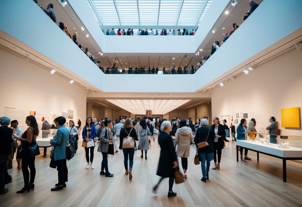 The Cooper Hewitt Smithsonian Design Museum bustles with visitors exploring exhibits, interacting with innovative installations, and admiring the architectural beauty