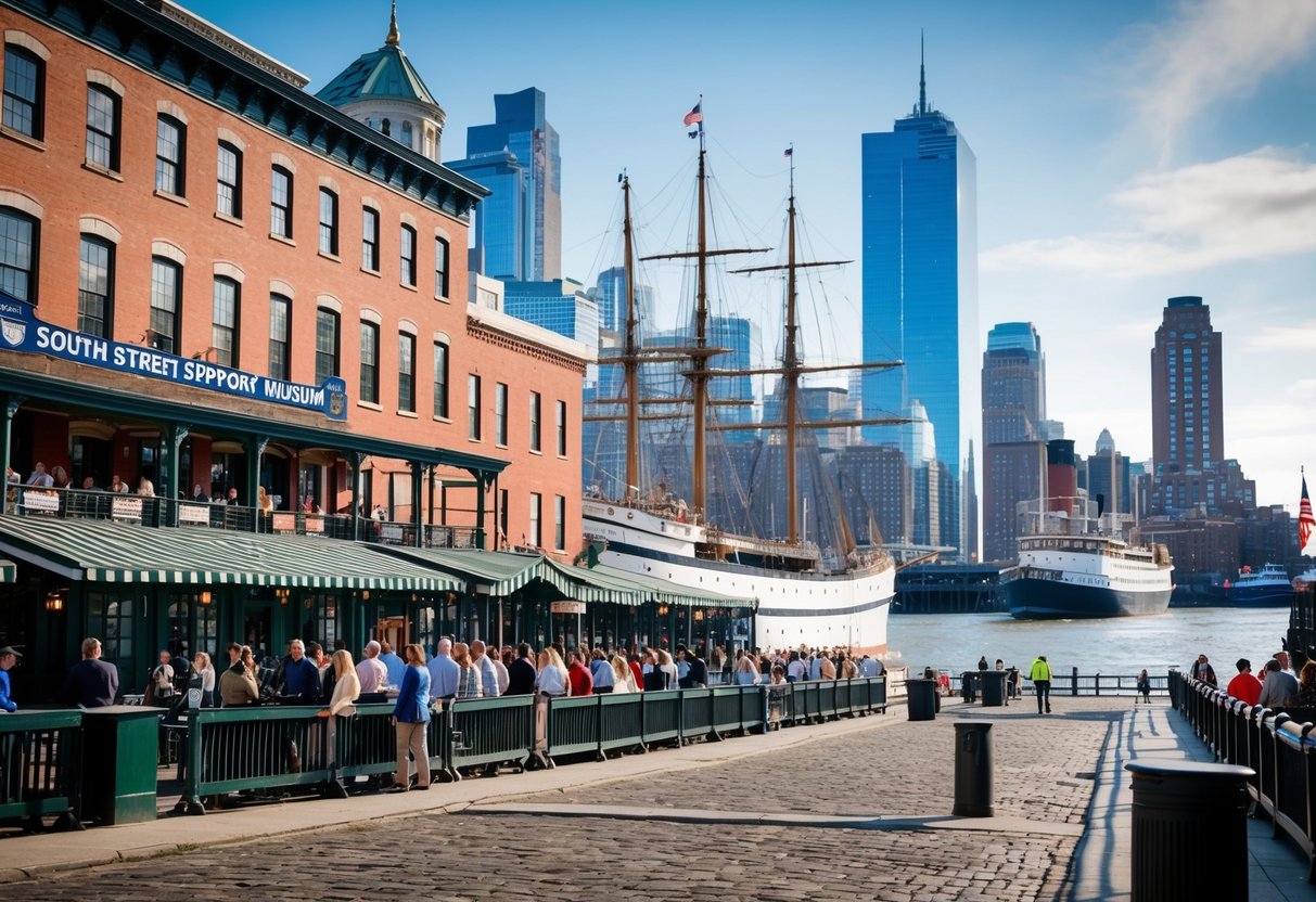 The South Street Seaport Museum bustles with historic ships, cobblestone streets, and bustling waterfront activity