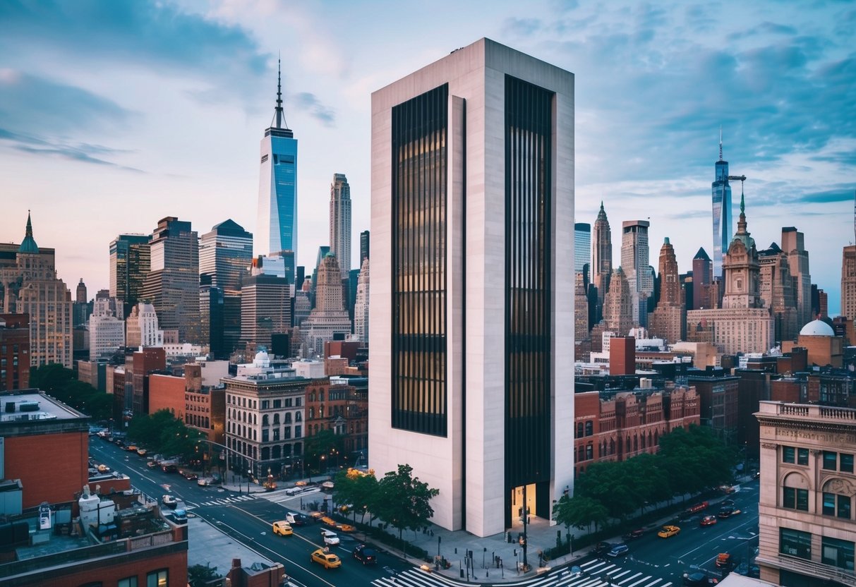 The iconic Whitney Museum of American Art stands tall against the New York City skyline, surrounded by bustling streets and diverse architecture