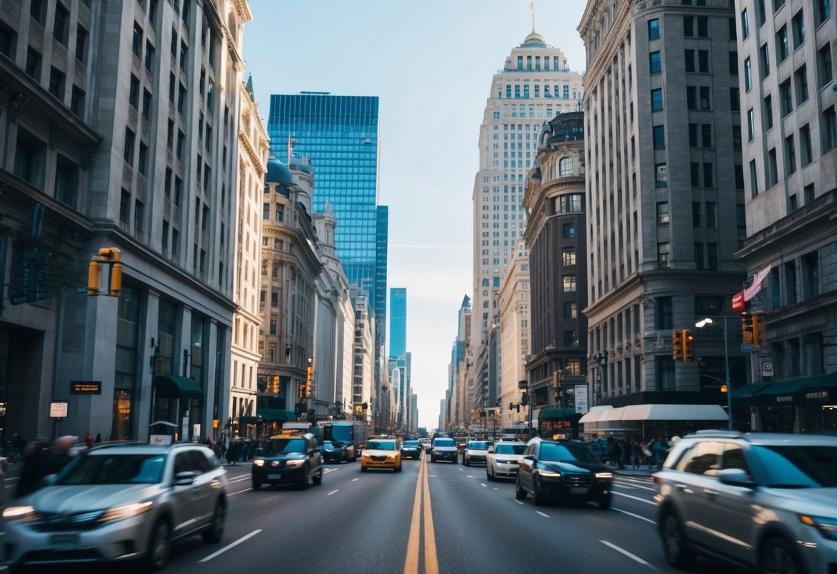 A bustling city street with iconic buildings in the background, a clear sky, and a sense of movement and energy