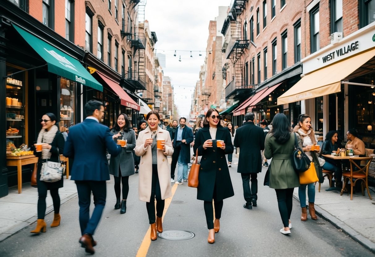 Stroll through the charming streets of the West Village, passing by a variety of eateries, cafes, and food shops. The scene is bustling with locals and tourists indulging in delicious bites and sipping on drinks