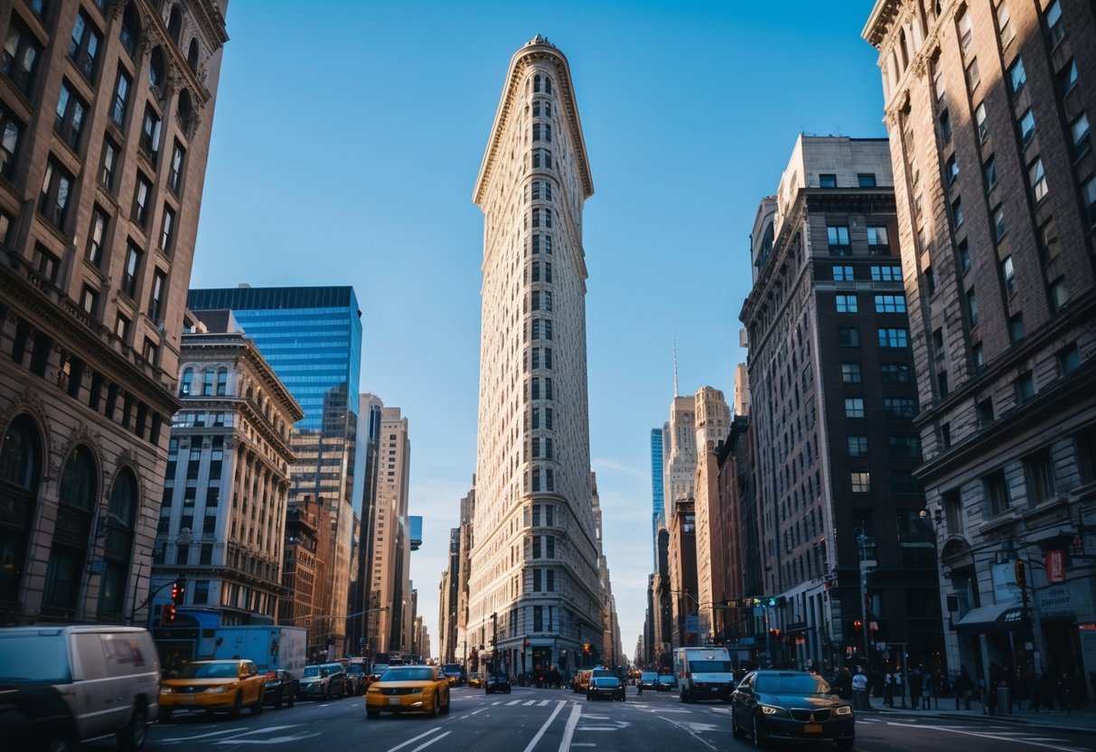 The iconic Flatiron Building stands tall against a clear blue sky, surrounded by bustling streets and vibrant city life