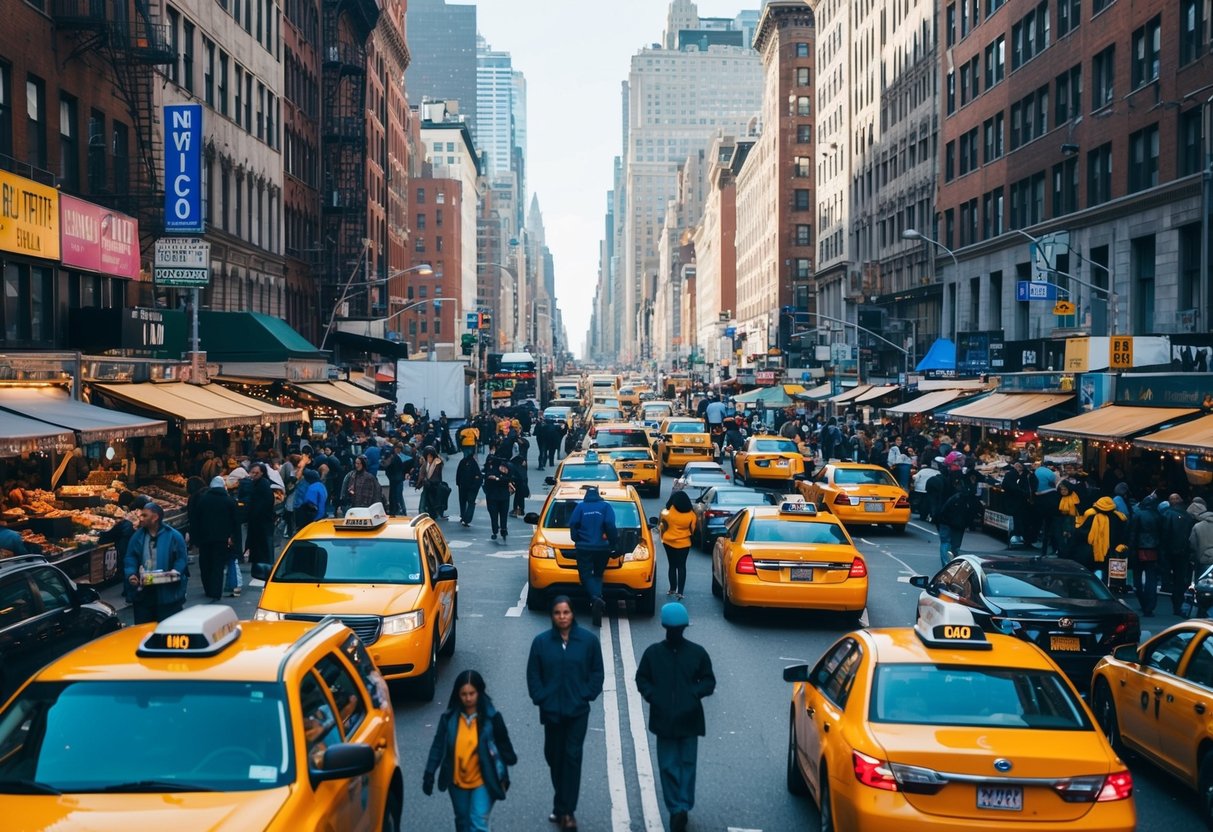 Busy NYC street with iconic buildings, food vendors, and bustling crowds. Taxis and buses fill the roads while people explore the vibrant neighborhood