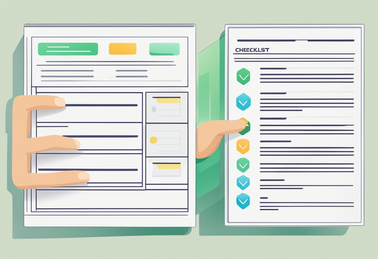 A hand holding a document with a checklist. A computer screen displaying a bid form. A person reviewing and completing the form