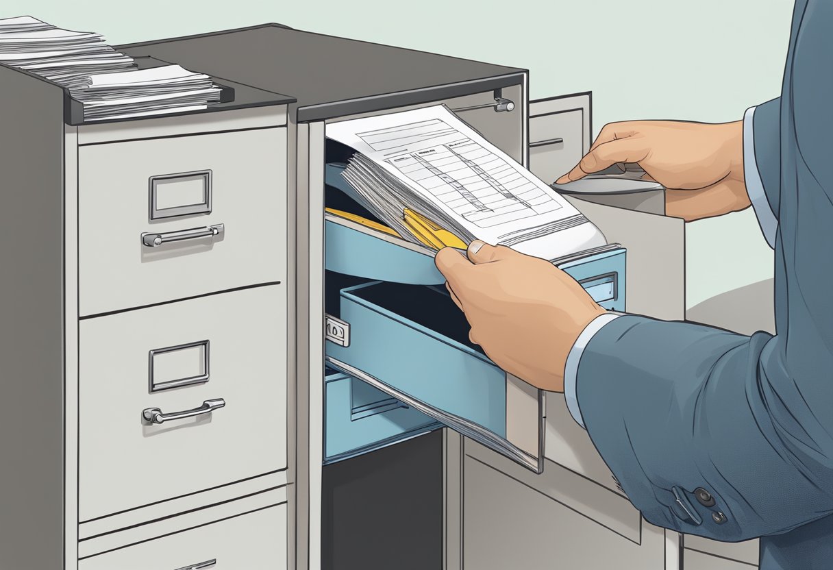 A hand placing a document labeled