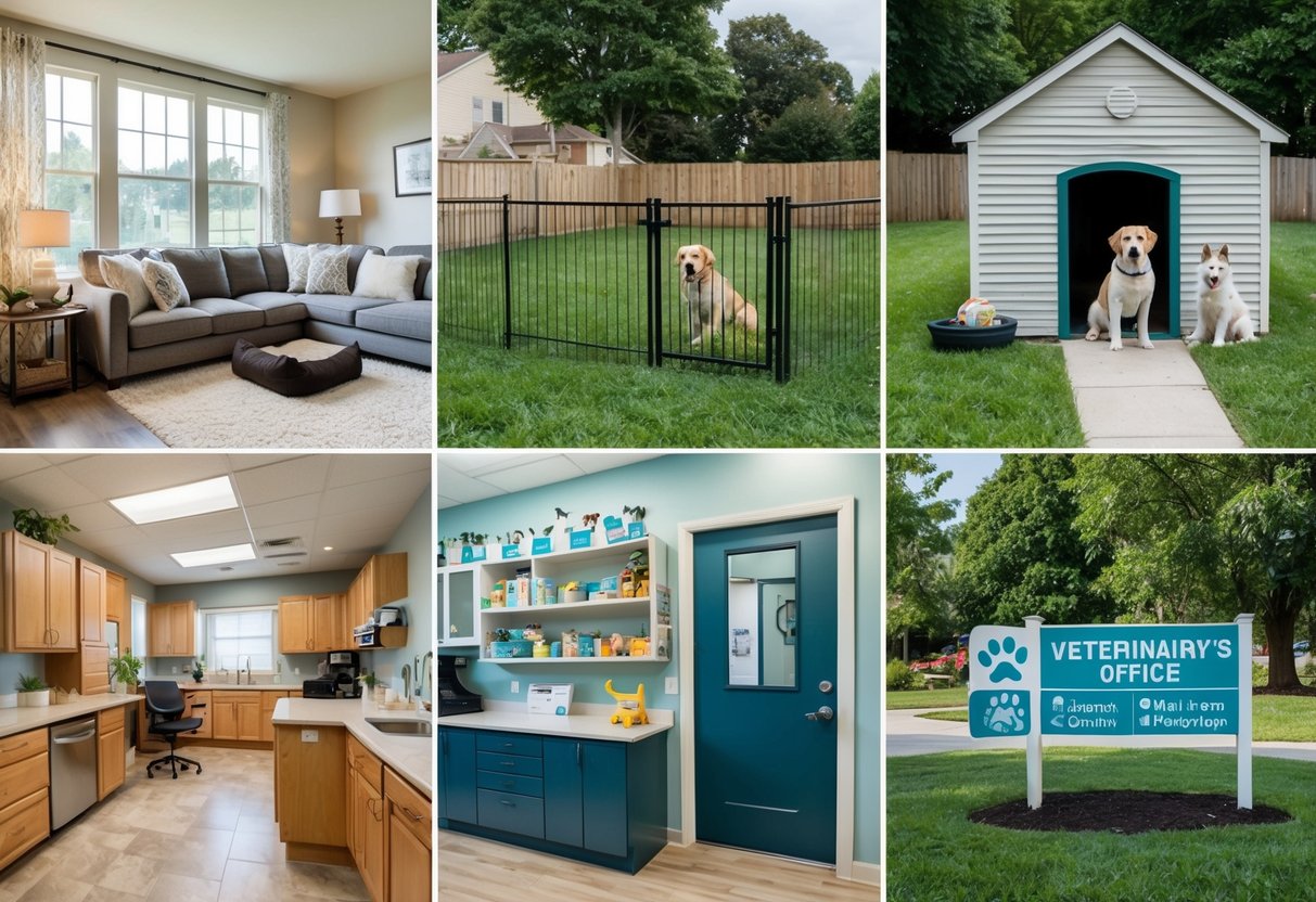 A family room with a cozy couch and a dog bed, a backyard with a fenced-in yard and a doggy door, a pet store with dog supplies, a veterinarian's office, and a park with a dog-friendly area