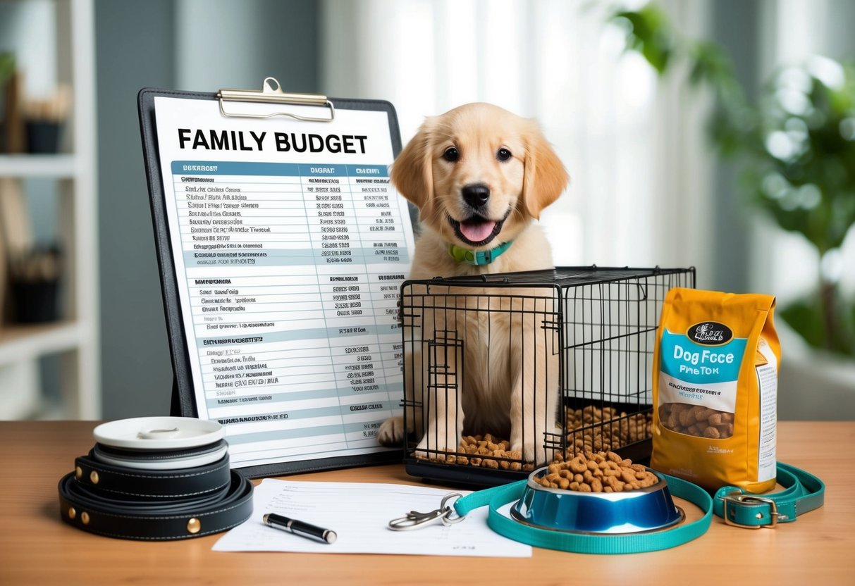 A family budget sheet with a list of expenses, a golden retriever puppy, a dog crate, a bag of dog food, and a leash and collar