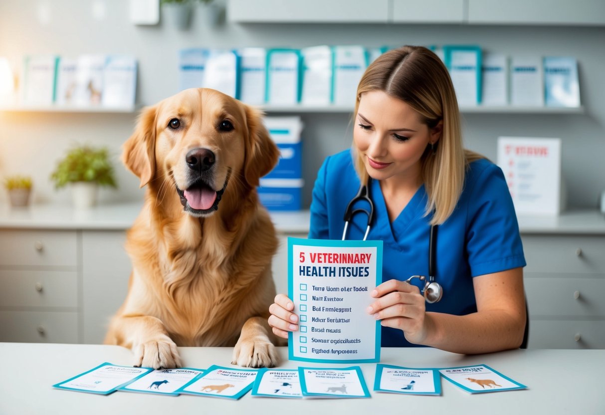 A golden retriever sits in front of a veterinarian's office, surrounded by pamphlets on health issues. A concerned owner looks at a checklist of 5 things to consider before adopting