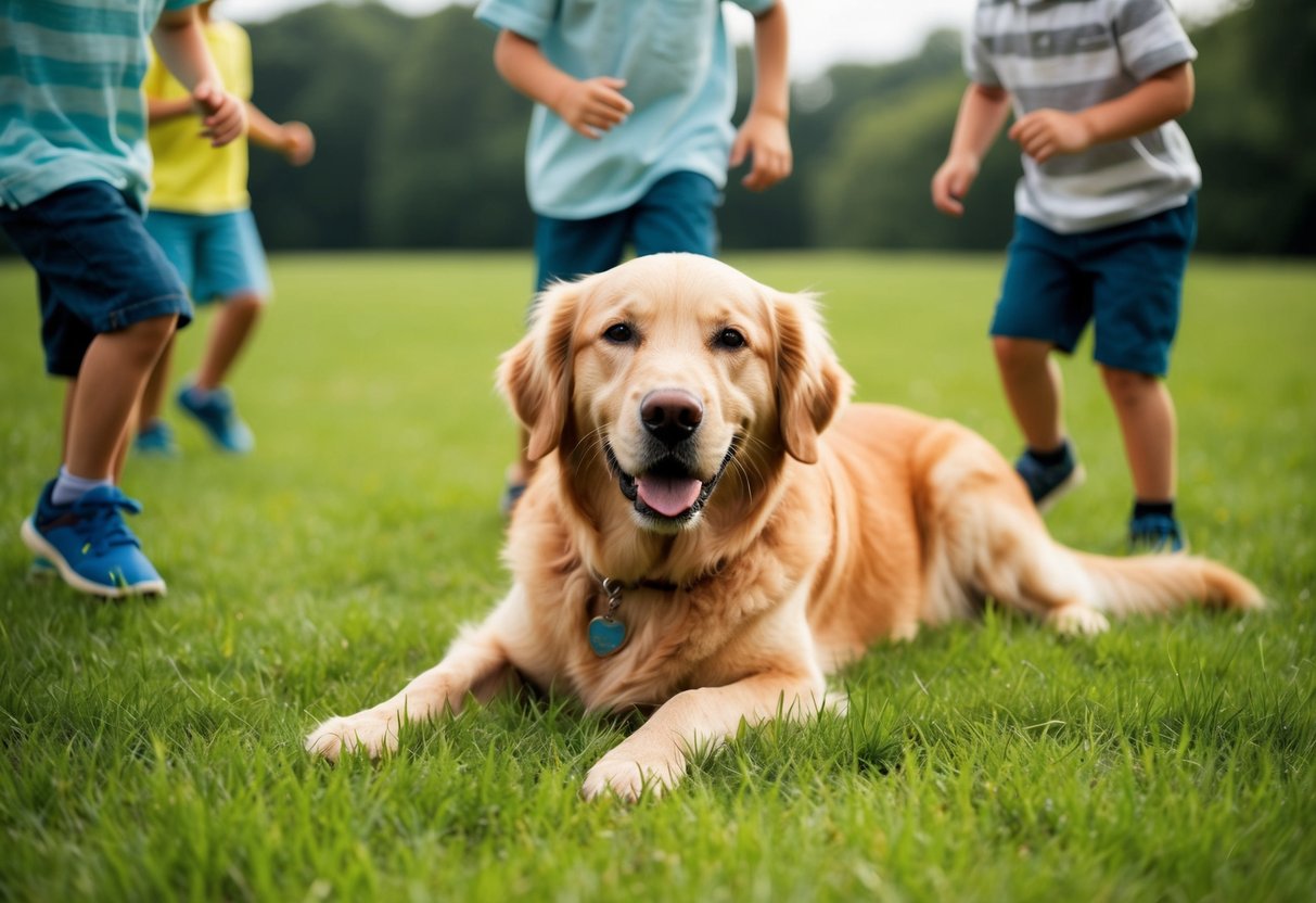 A Golden Retriever lying peacefully in a grassy field, surrounded by children playing. The dog is calm and friendly, with a gentle expression on its face