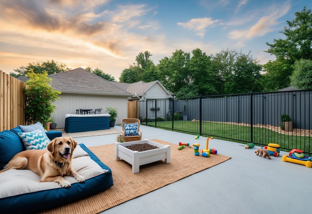 A cozy living room with a comfortable dog bed, a spacious backyard with a secure fence, a designated feeding area, and plenty of toys and chew bones scattered around the space