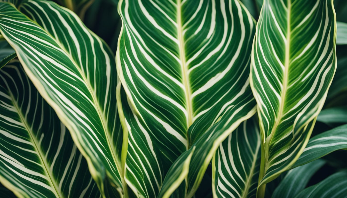 The Calathea has more rounded leaves with intricate patterns, while the Maranta has more elongated leaves with simpler patterns. Both plants have vibrant colors and unique markings