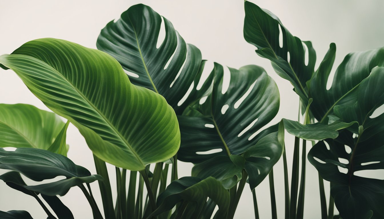 Calathea and Maranta plants grow side by side, showcasing their unique leaf patterns and growth habits. Calathea's leaves unfurl gracefully, while Maranta's leaves fold up at night