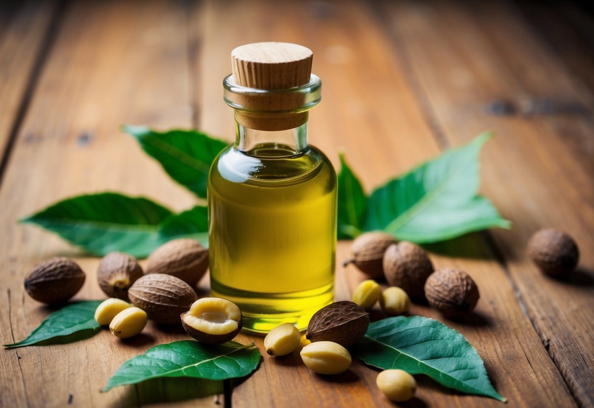 A bottle of raw batana oil sits on a wooden surface, surrounded by scattered batana nuts and leaves