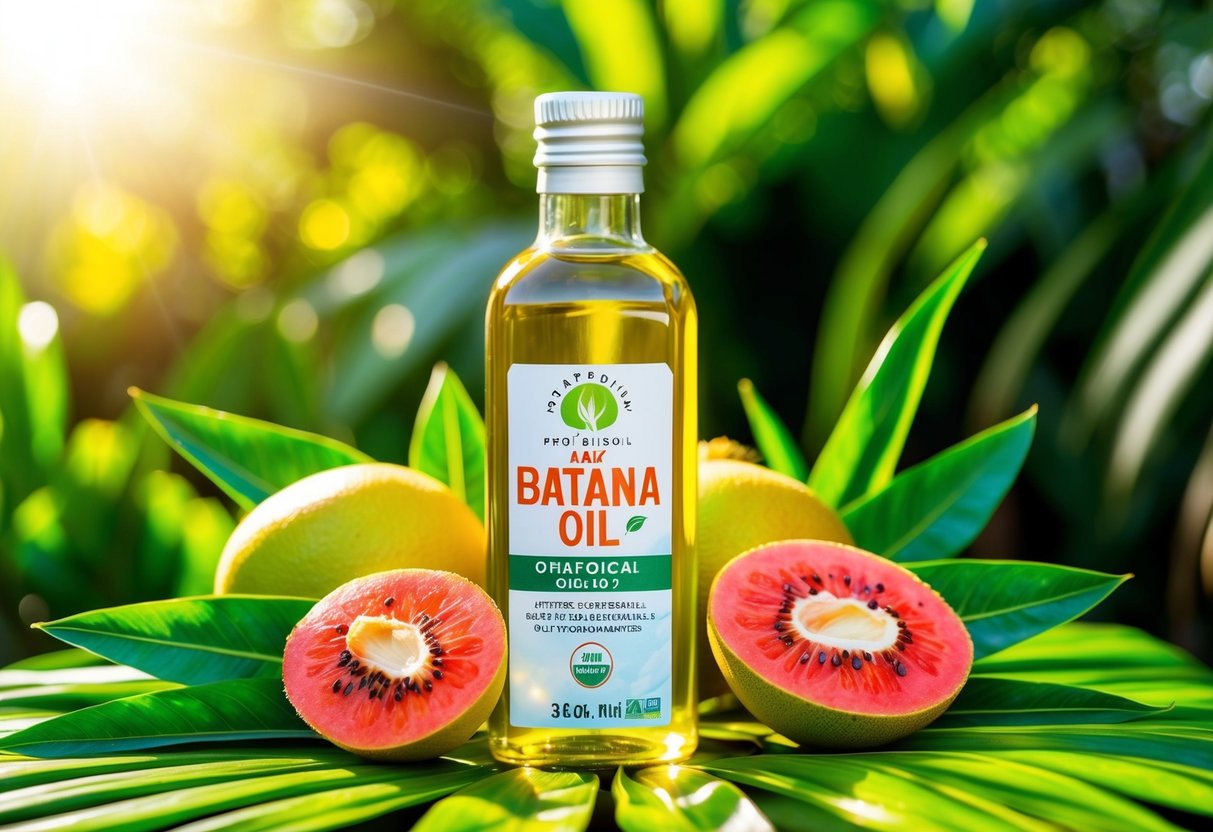 A bottle of raw batana oil surrounded by vibrant, tropical fruits and lush green leaves. Sunshine illuminates the scene, highlighting the oil's beneficial properties