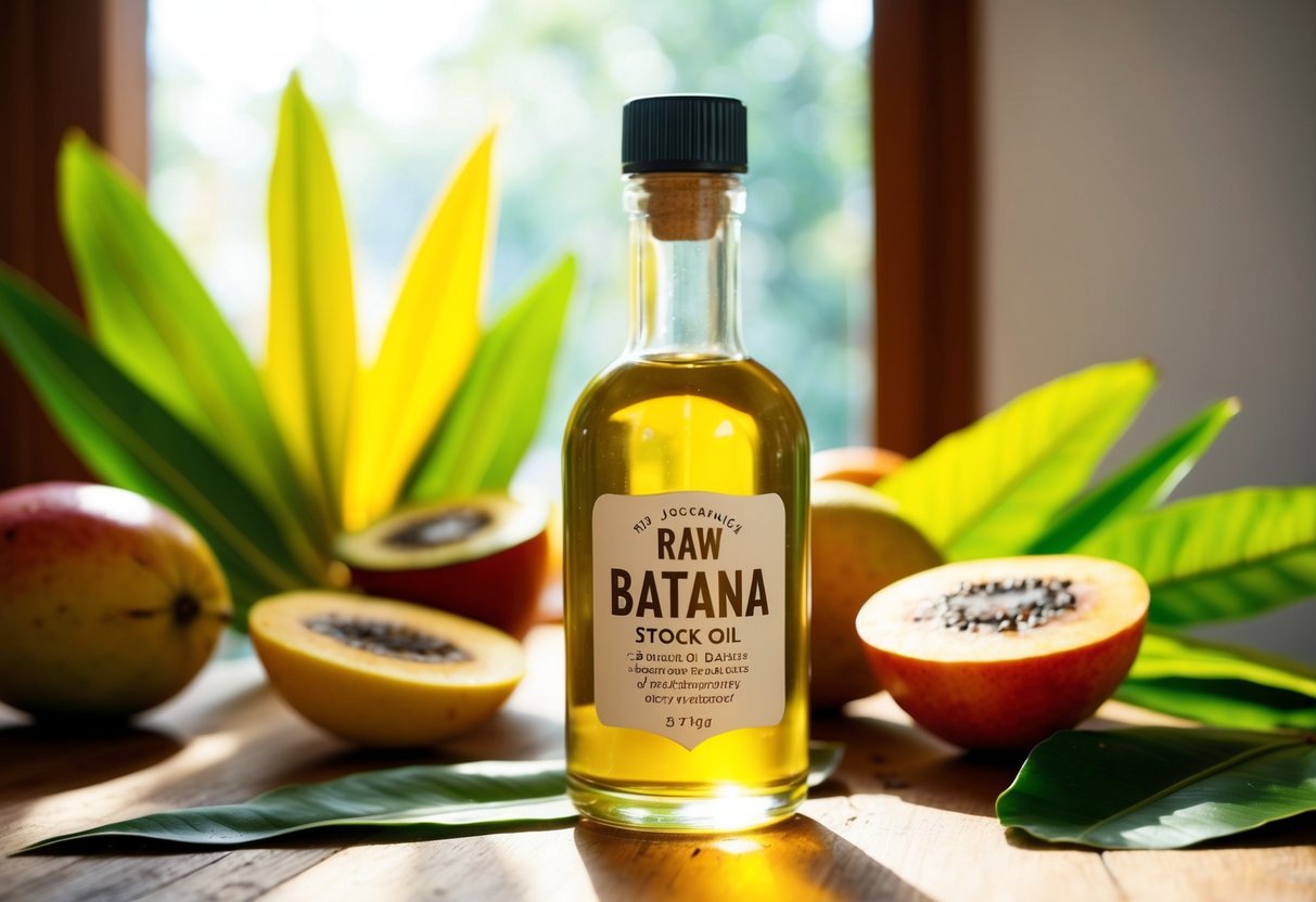 A small glass bottle of raw batana oil sits on a wooden table, surrounded by colorful tropical fruits and leaves. Sunshine filters through a nearby window, casting soft shadows on the scene