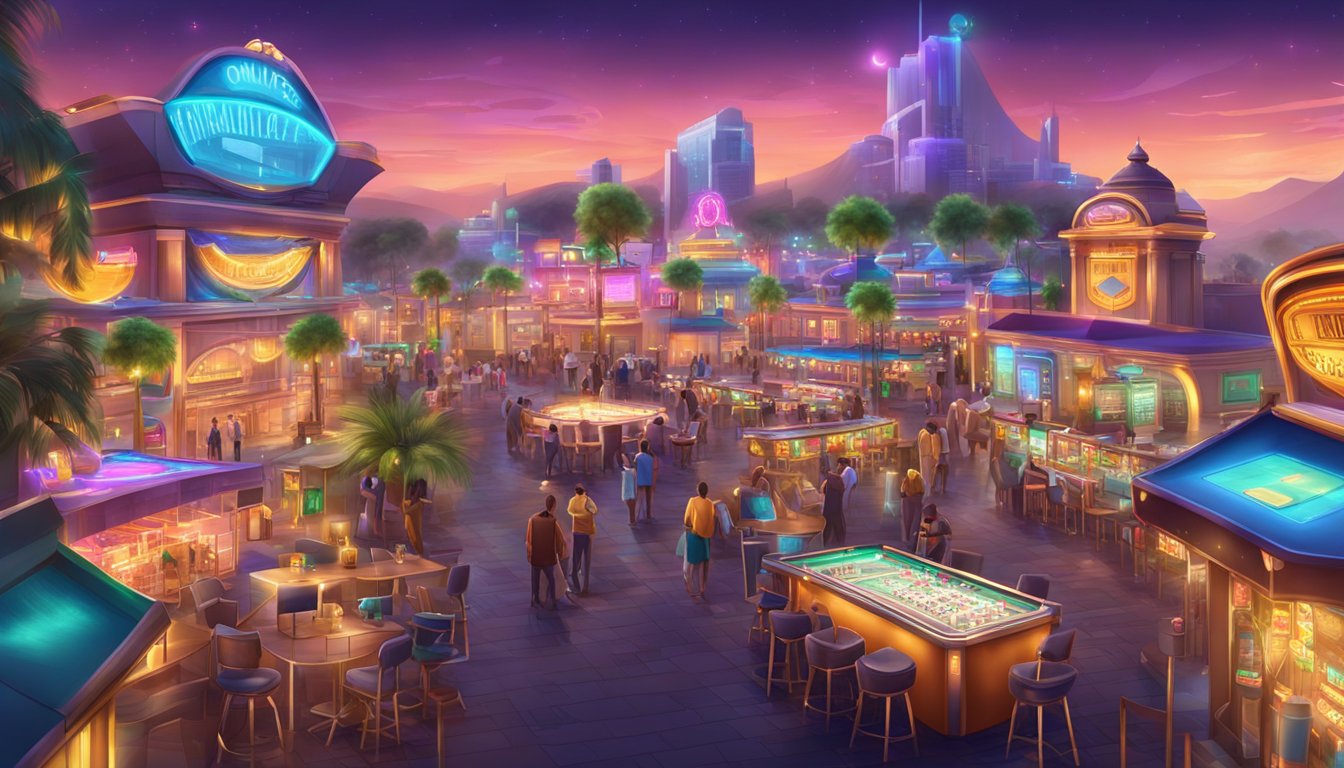 An online entertainment city with colorful lights, slot machines, card tables, and a lively atmosphere