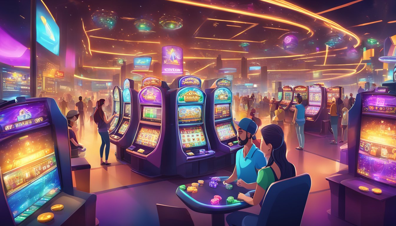 A bustling online entertainment city with various game options, bright lights, and colorful graphics. Players engage in virtual gambling and interactive experiences