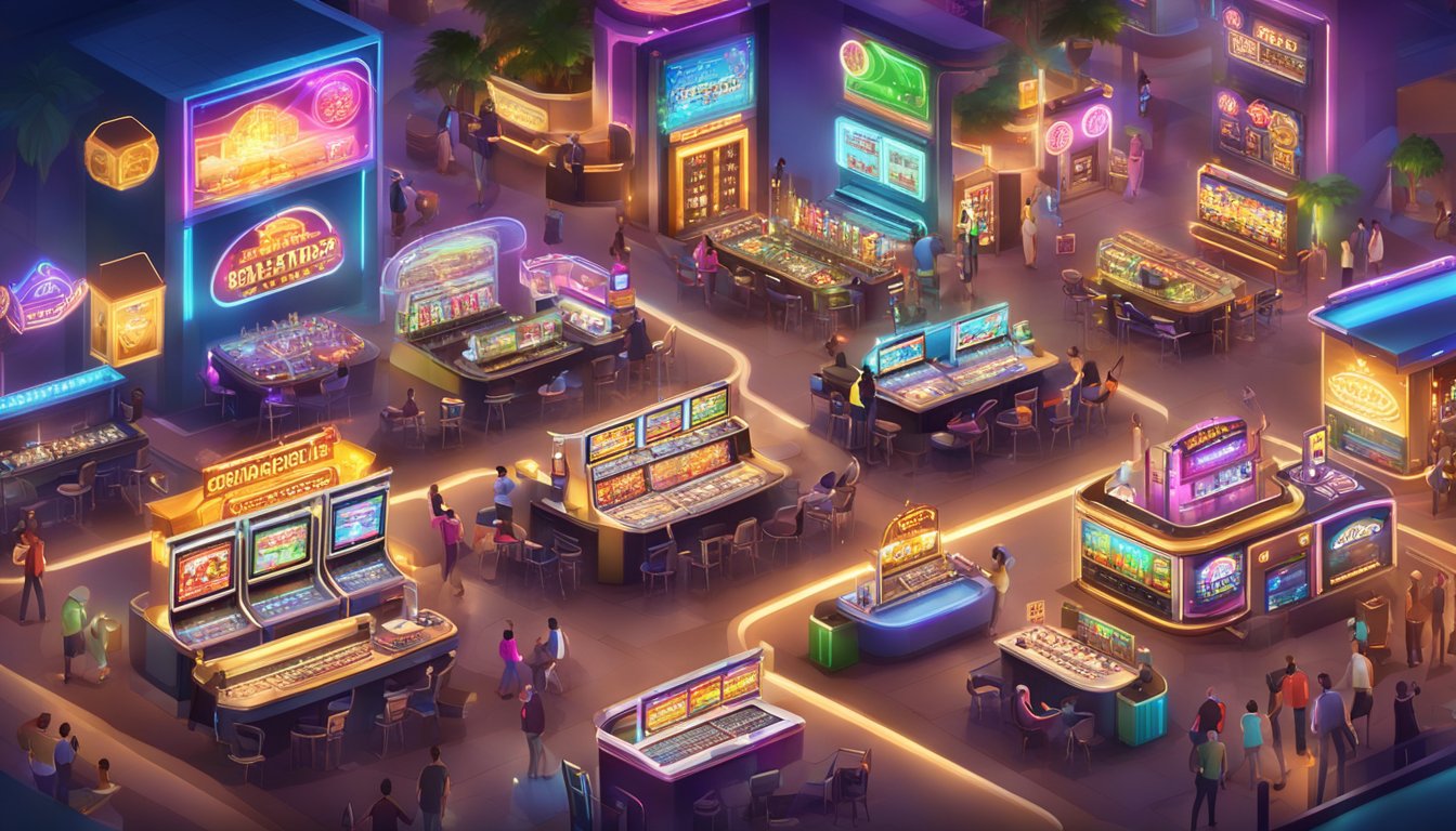 A bustling online entertainment city with flashing lights, spinning slot machines, and vibrant game tables, surrounded by enticing promotional offers and rewards