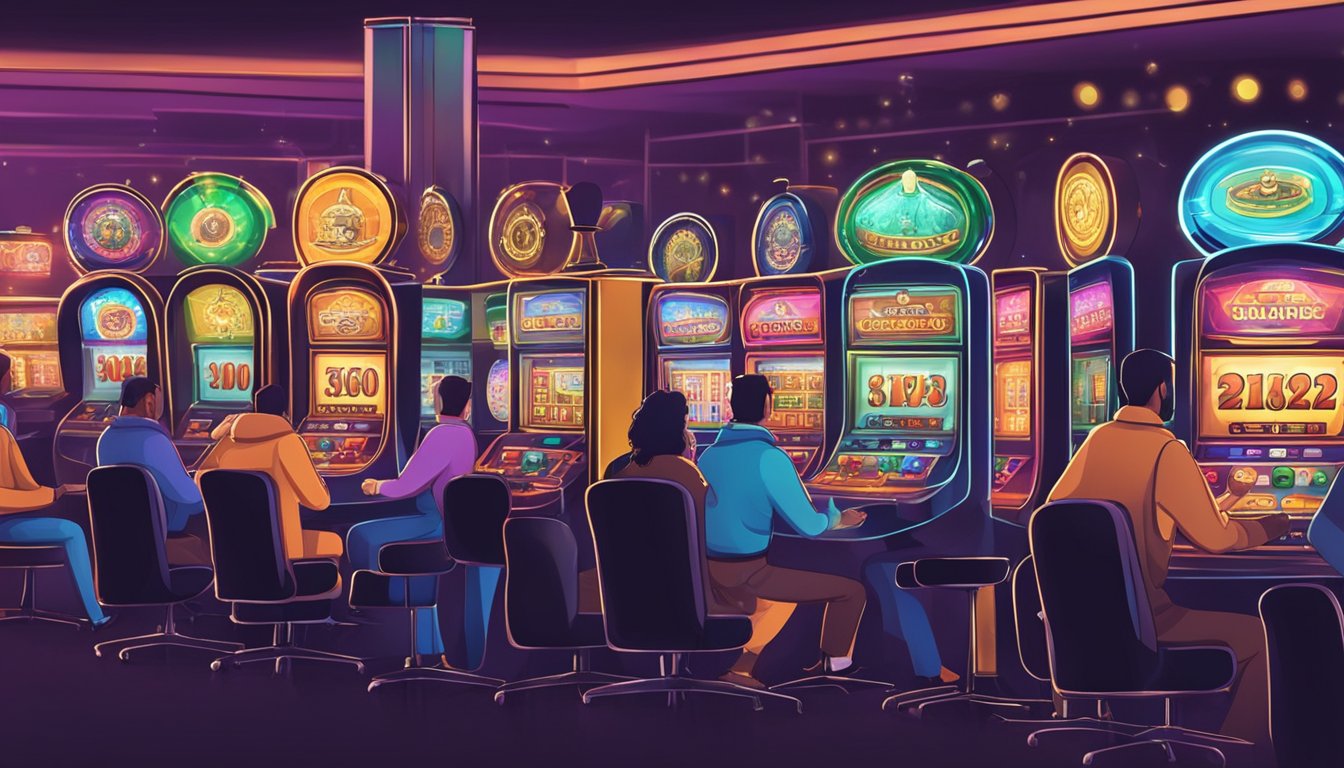 A crowded online casino with flashing lights and various gambling games. Patrons enjoying themselves while staff monitor for responsible gambling