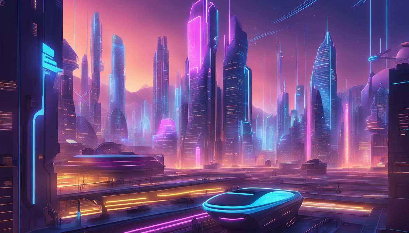 A futuristic cityscape with glowing neon lights and digital interfaces, showcasing various online entertainment and software applications